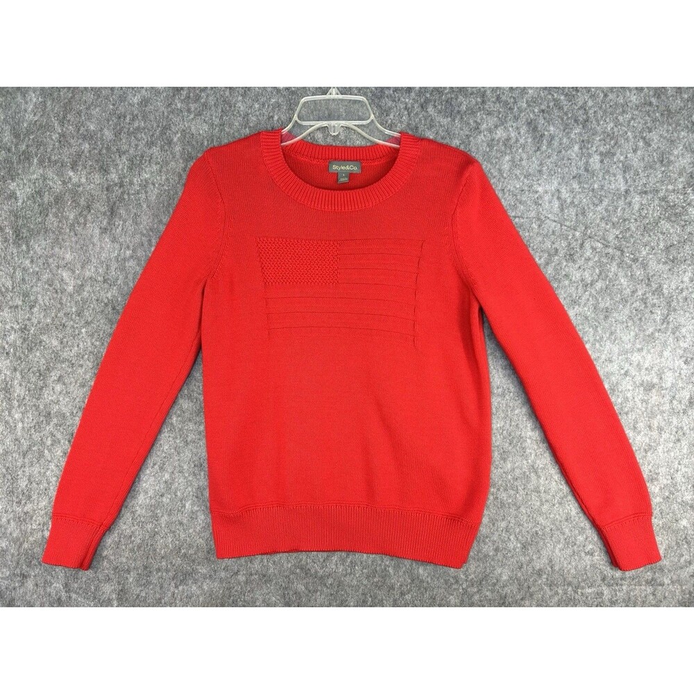 Style and Co Sweater Women S Red Textured Cable Knit US Flag Embossed Cozy Chic